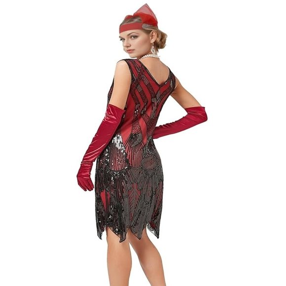 Red & Black Sequin & Beaded 1920s Flapper Gatsby Cocktail Dress L 10-12 - Picture 4 of 5